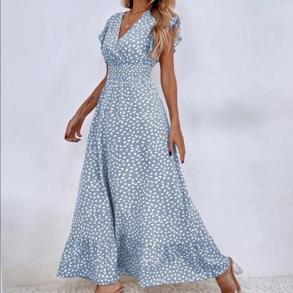 Dots ruffle trim shirred waist maxi dress navy blue - Picture 10 of 16